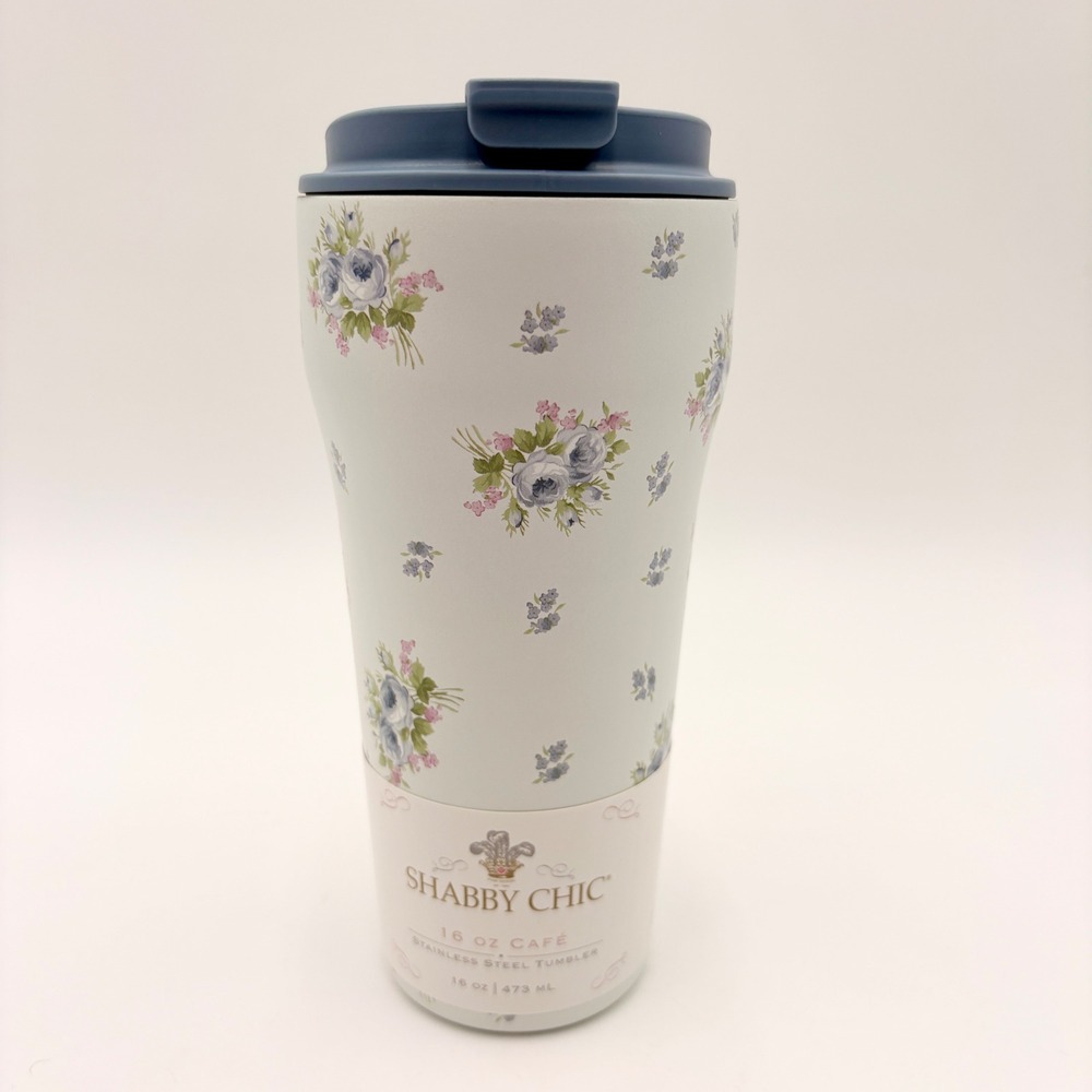 Shabby Chic Rachel Ashwell 16 oz Cafe Stainless Tumbler Blue Floral Travel Mug